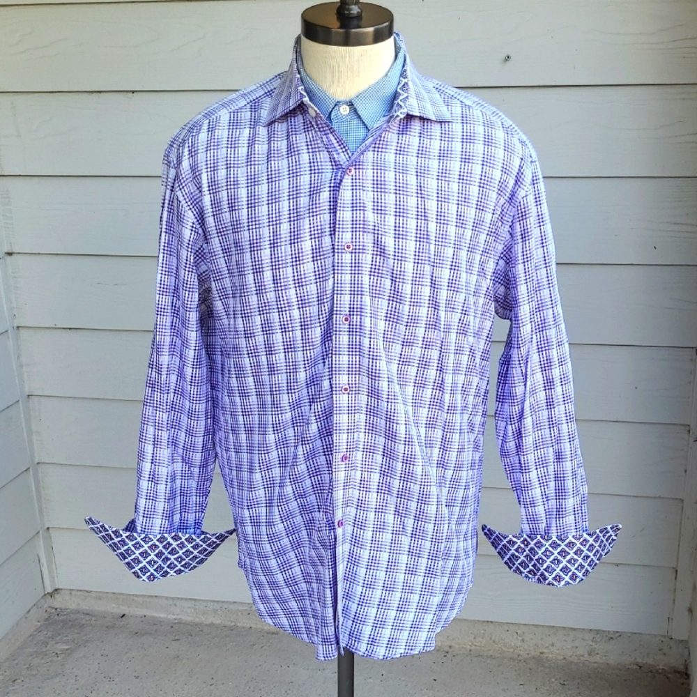 ROBERT GRAHAM Purple White Plaid Abstract Cotton Sz XL Mens Long Sleeve Shirt